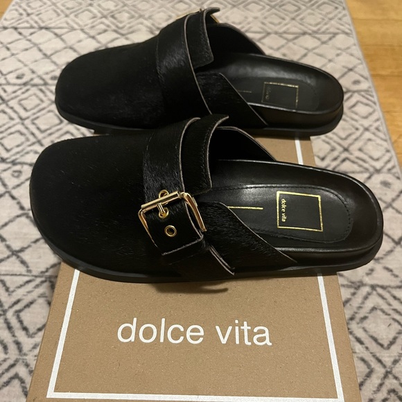 Dolce Vita Sunday Onyx Black Calf Hair Slip-On Mule w Gold Buckle Size 6 NIB - Picture 10 of 10